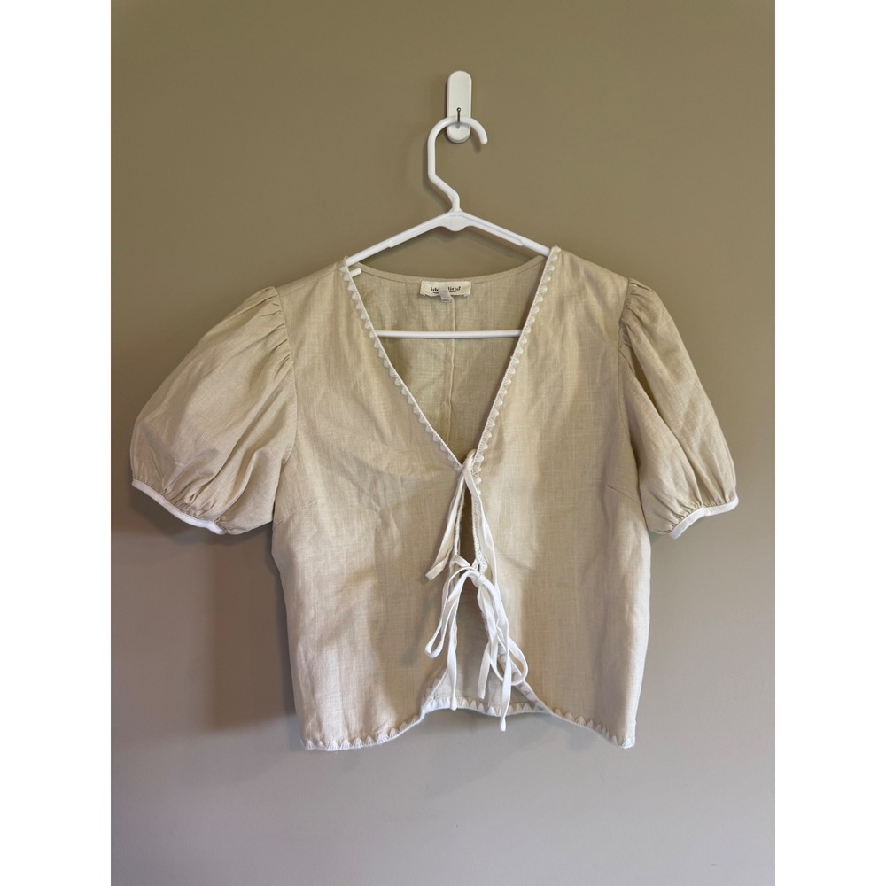 Idem Ditto Tan Tie Front Puff Sleeve Crop Top Ric Rac Trim Beige Small